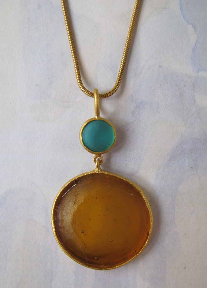 Round Cast Glass Necklace in Amber-Teal